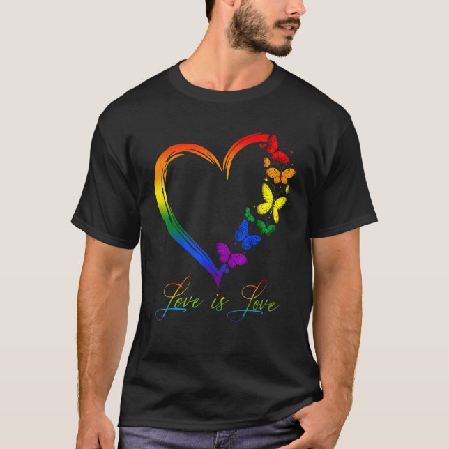 Butterfly Heart Rainbow Love Is Love LGBT Gay Lesb T-Shirt (Front)