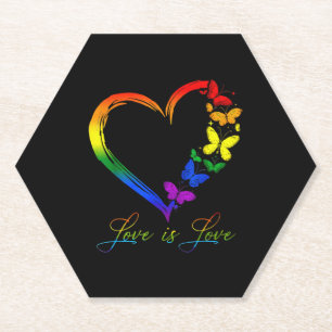 Butterfly Heart Rainbow Love Is Love LGBT Gay Paper Coaster