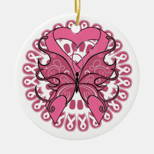 Butterfly Heart Ribbon - Breast Cancer Ceramic Ornament