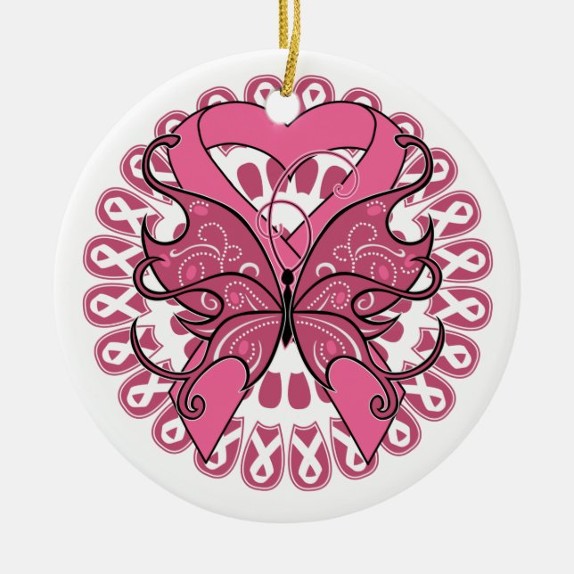 Butterfly Heart Ribbon - Breast Cancer Ceramic Ornament (Front)