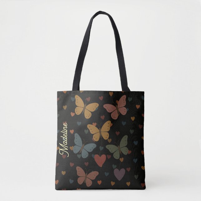 Butterfly Hearts Custom Name Tote Bag (Front)