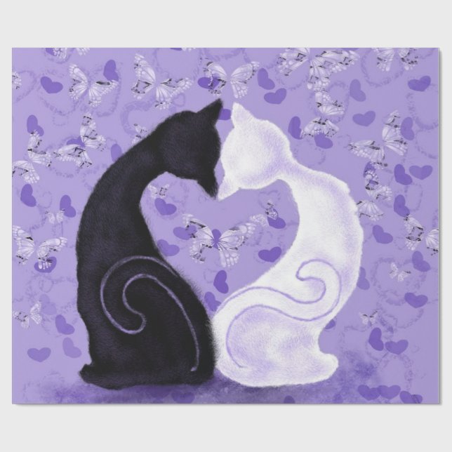 Butterfly Hearts Wrapping Paper Couple Cat Love (Flat)