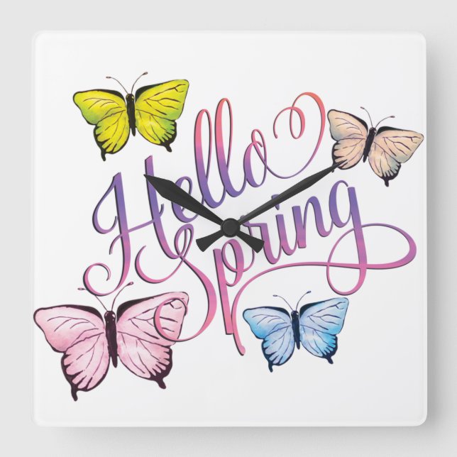 Butterfly Hello Spring Square Wall Clock (Front)