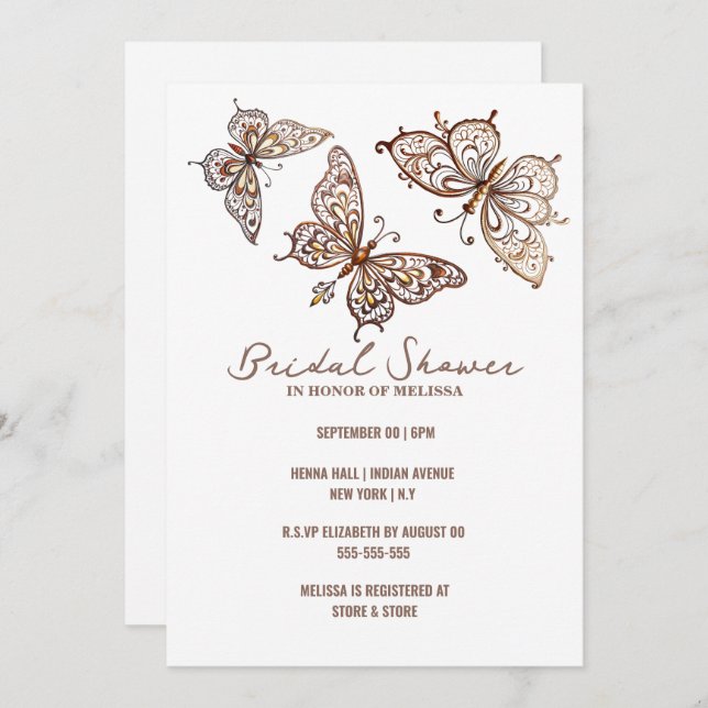 Butterfly Henna elegant Indian bridal shower Invitation (Front/Back)