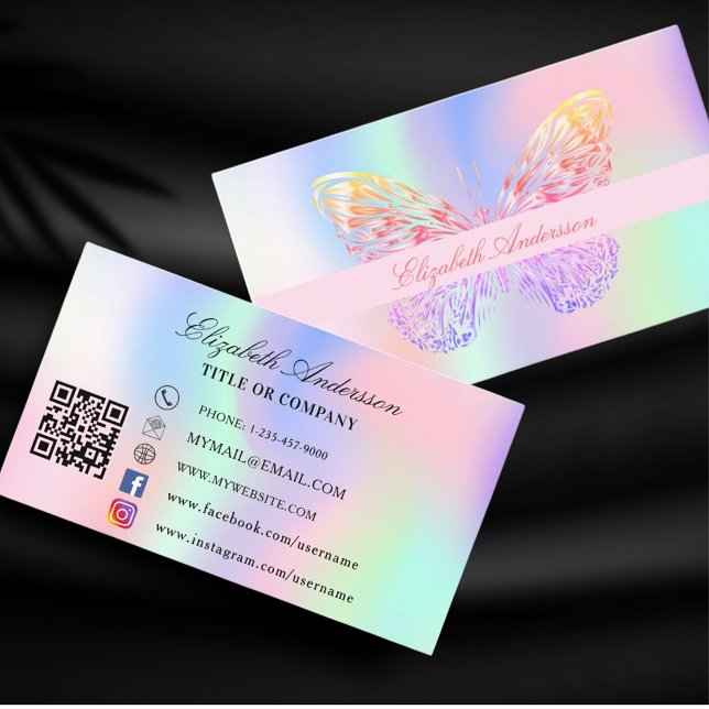 Butterfly holographic pink QR code social media Business Card (Creator Uploaded)