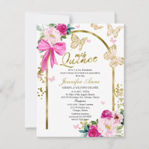 Butterfly Hot Pink Bow Floral Spanish Quinceanera Invitation