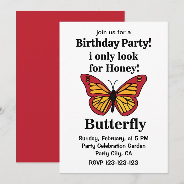 Butterfly I Only Look For Honey Butterfly Birthday Invitation (Front/Back)