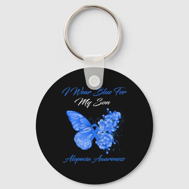 Butterfly I Wear Blue For My Son Alopecia Awarenes Key Ring (Front)