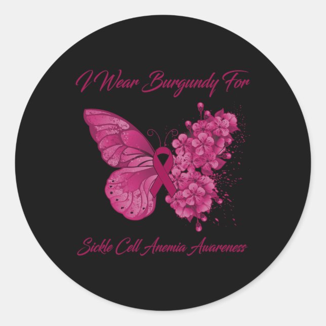 Butterfly I Wear Burgundy For Sickle Cell Anaemia  Classic Round Sticker (Front)