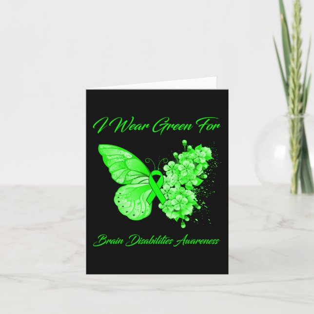 Butterfly I Wear Green For Brain Disabilities Awar Card (Front)