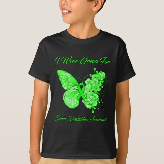 Butterfly I Wear Green For Brain Disabilities Awar T-Shirt (Front)