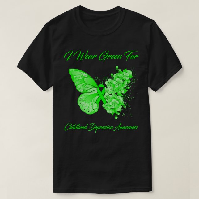 Butterfly I Wear Green For Childhood Depression Aw T-Shirt (Design Front)