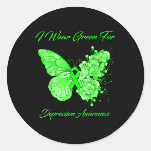 Butterfly I Wear Green For Depression Awareness Classic Round Sticker