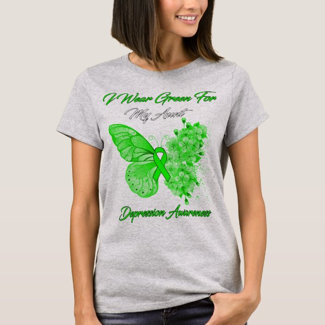 Butterfly I Wear Green For My Aunt Depression Awar T-Shirt (Front)