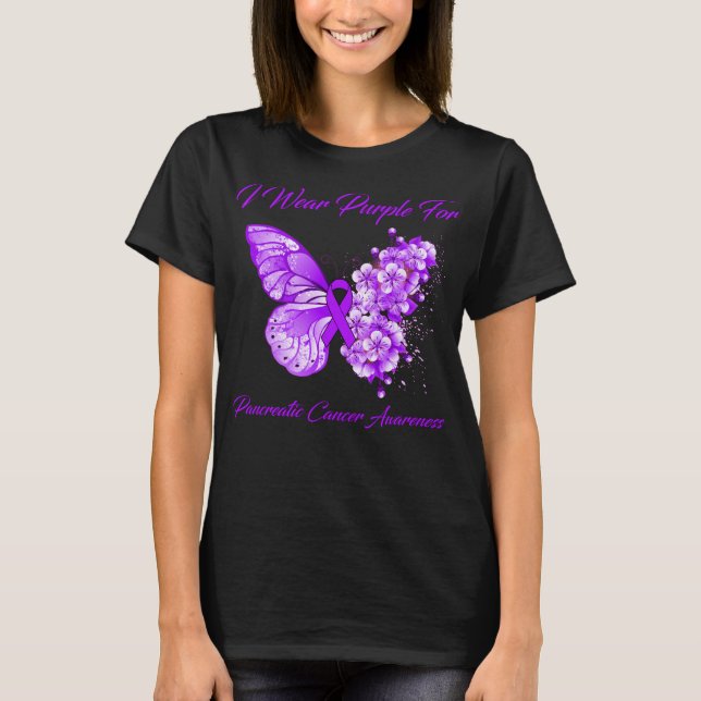 Butterfly I Wear Purple For Pancreatic Cancer  T-Shirt (Front)