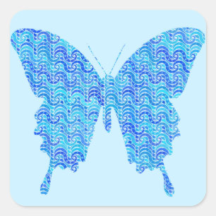 Butterfly image, abstract pattern, shades of blue square sticker