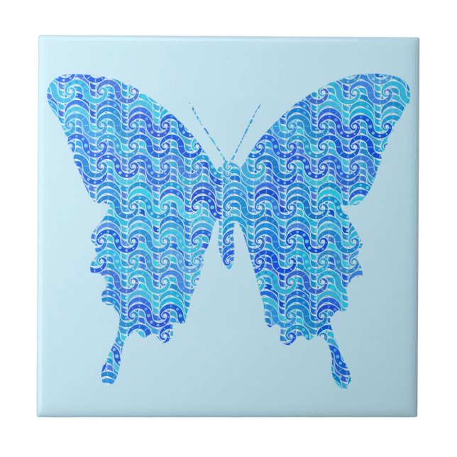 Butterfly image, abstract pattern, shades of blue tile (Front)