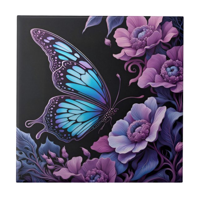 Butterfly in a floral garden at night ceramic tile (Front)
