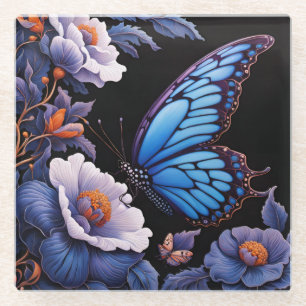 Butterfly in a floral garden at night glass coaster