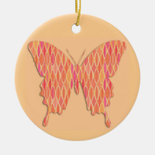Butterfly in abstract print - shades of orange ceramic tree decoration