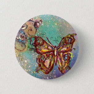 BUTTERFLY IN BLUE GOLD SPARKLES 6 CM ROUND BADGE