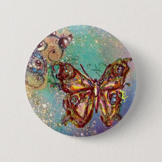 BUTTERFLY IN BLUE GOLD SPARKLES 6 CM ROUND BADGE (Front)