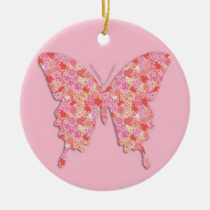 Butterfly in flower pattern - pink, orange ceramic ornament