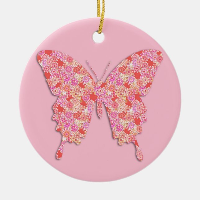 Butterfly in flower pattern - pink, orange ceramic ornament (Front)