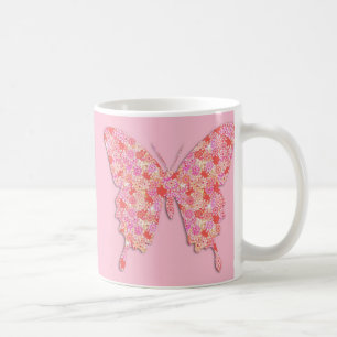 Butterfly in flower pattern - pink, orange coffee mug