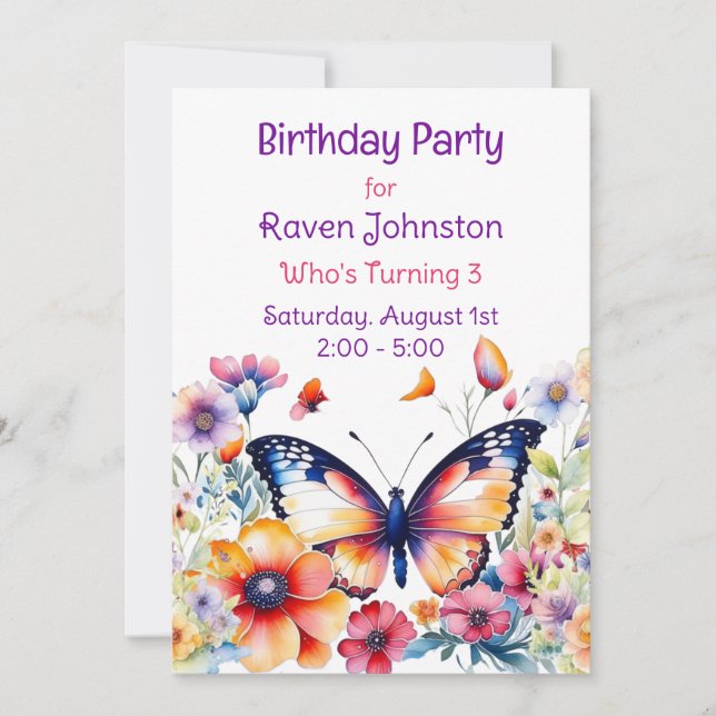 Butterfly in Flowers Girl's Birthday Party Invitation (Front)