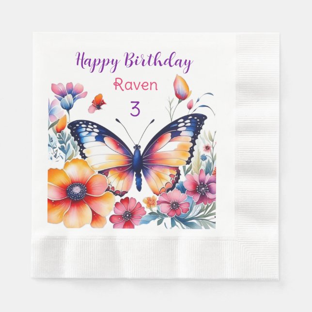 Butterfly in Flowers Girl's Birthday Party  Napkin (Front)