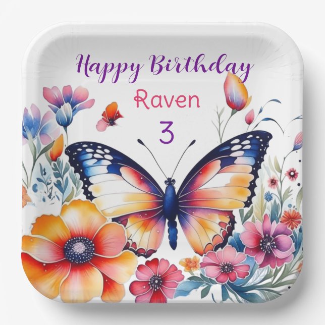 Butterfly in Flowers Girl's Birthday Party  Paper Plate (Front)