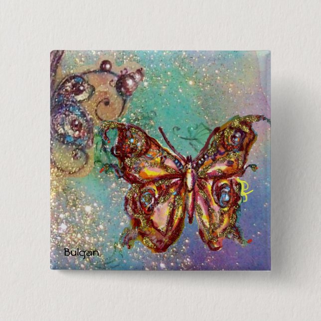 BUTTERFLY IN GOLD SPARKLES 15 CM SQUARE BADGE (Front)