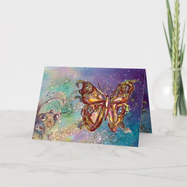 BUTTERFLY IN  GOLD SPARKLES ,Blue Green Teal Card (Front)