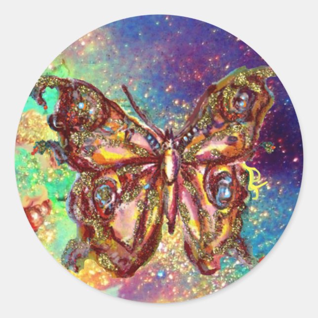 BUTTERFLY IN GOLD SPARKLES CLASSIC ROUND STICKER (Front)