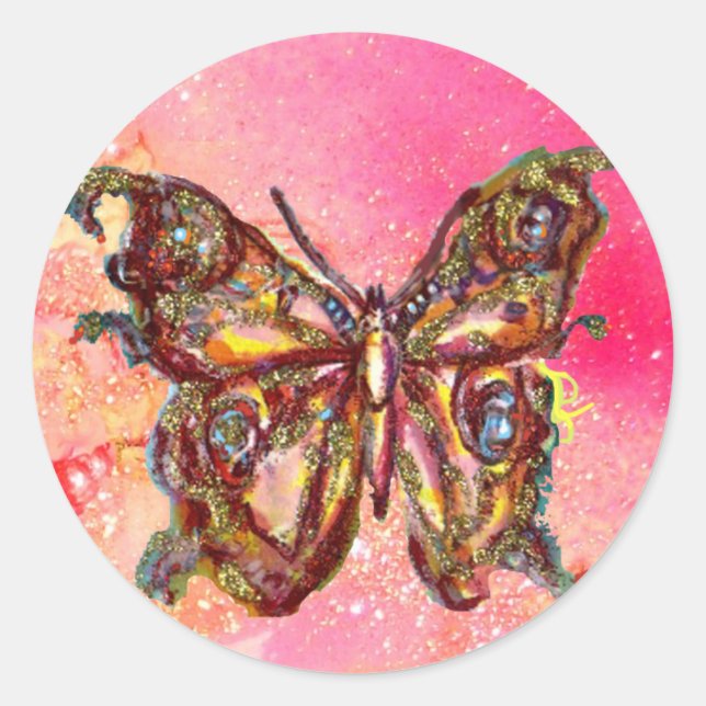 BUTTERFLY IN GOLD SPARKLES CLASSIC ROUND STICKER (Front)