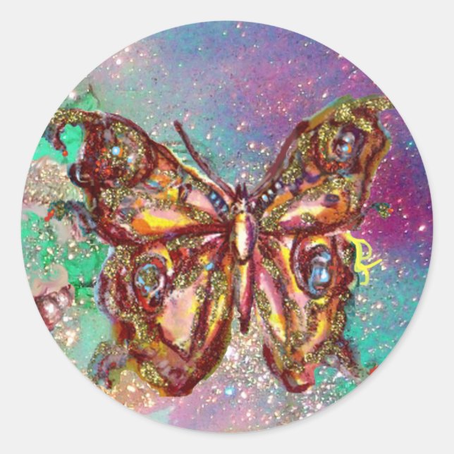 BUTTERFLY IN GOLD SPARKLES CLASSIC ROUND STICKER (Front)