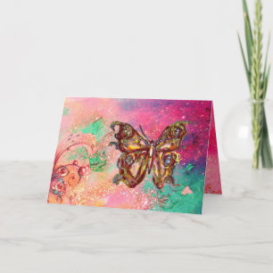 BUTTERFLY IN  GOLD SPARKLES ,Pink Green Teal Card