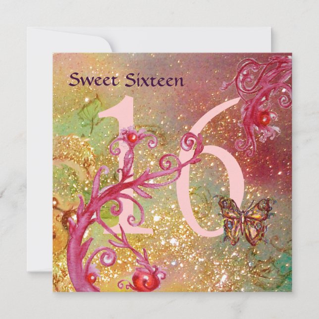 BUTTERFLY IN GOLD SPARKLES SWEET16 Birthday Party Invitation (Front)