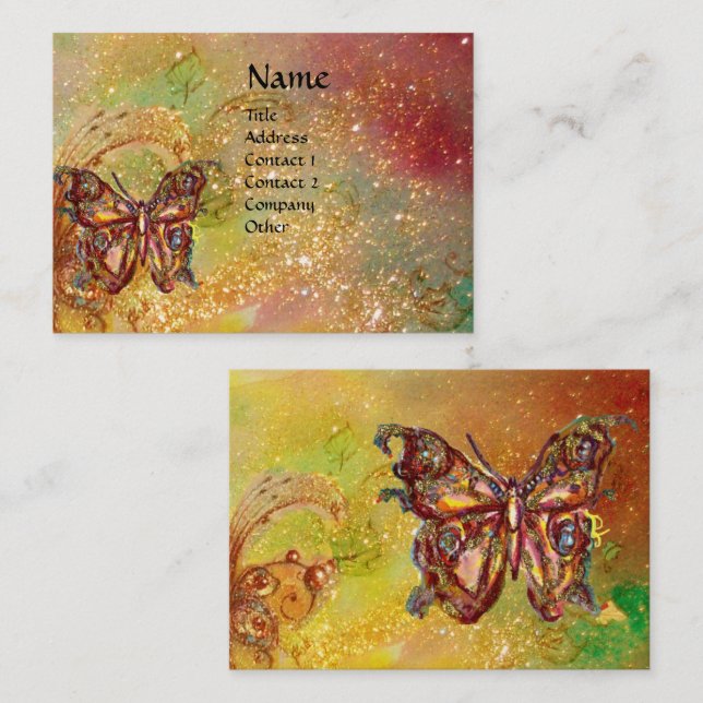 BUTTERFLY IN GOLD YELLOW GREEN RED BROWN SPARKLES BUSINESS CARD (Front/Back)