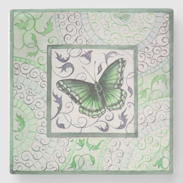 Butterfly in green colors stone coaster (Front)