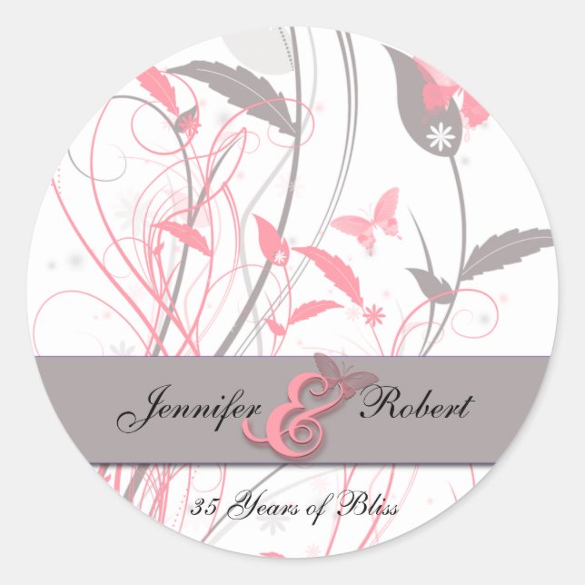 Butterfly in Honeysuckle Pink and Grey Classic Round Sticker (Front)