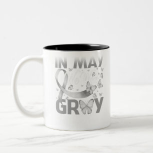 Butterfly In May We Wear Grey Brain Cancer Awarene Two-Tone Coffee Mug
