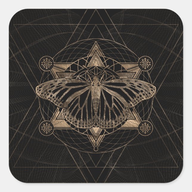 Butterfly in Sacred Geometry - Black and Gold Square Sticker (Front)