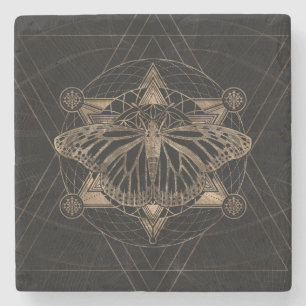 Butterfly in Sacred Geometry - Black and Gold Stone Coaster