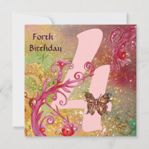 BUTTERFLY IN SPARKLES Forth Birthday Party, pink Invitation
