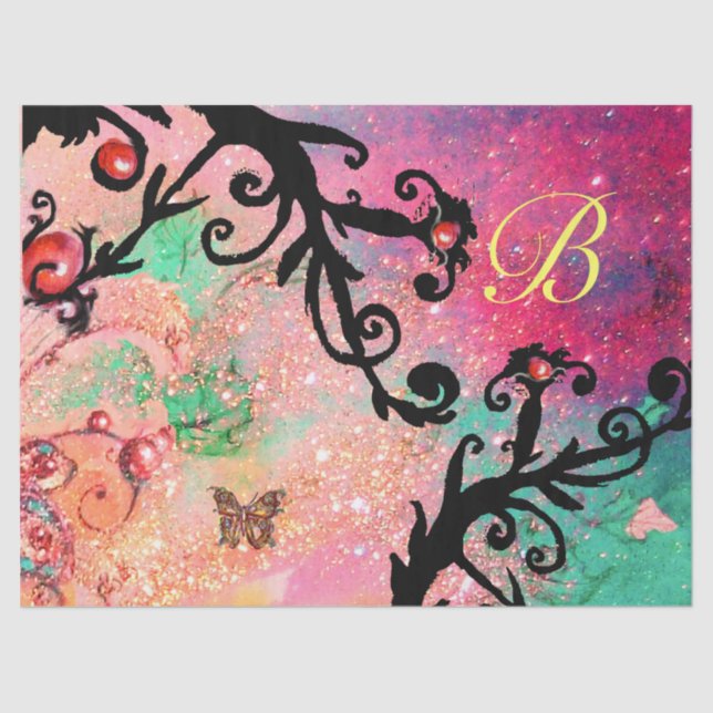 BUTTERFLY IN SPARKLES, PINK,BLACK SWIRLS MONOGRAM TISSUE PAPER (Front)
