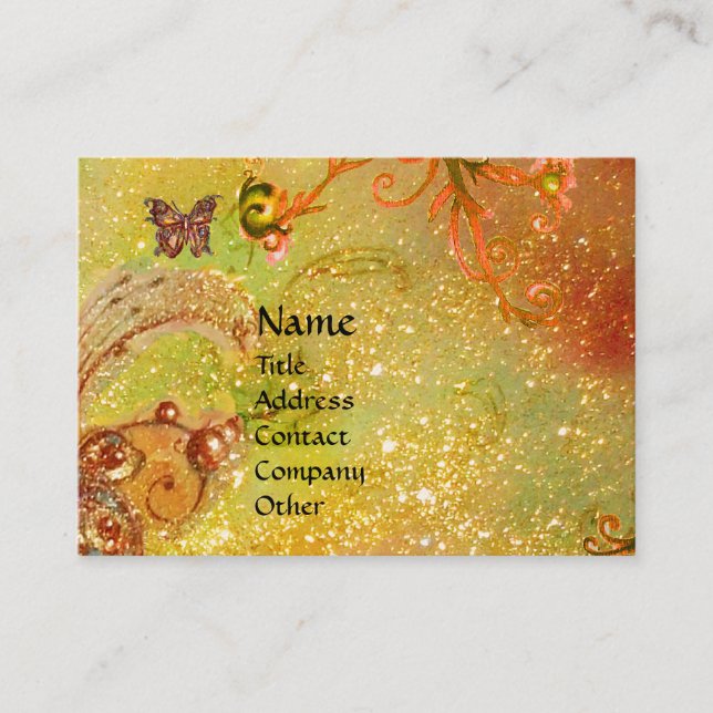 BUTTERFLY IN SPARKLES, RED YELLOW SWIRLS MONOGRAM BUSINESS CARD (Front)