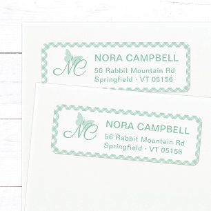 Butterfly Initials Mint Gingham Return Address Label