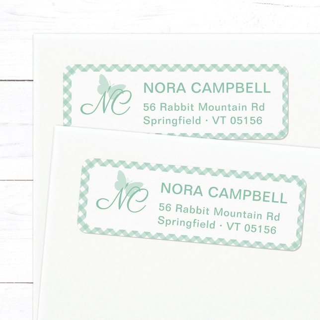 Butterfly Initials Mint Gingham Return Address Label (Elegant butterfly monogram return address label in mint green with plaid background.)